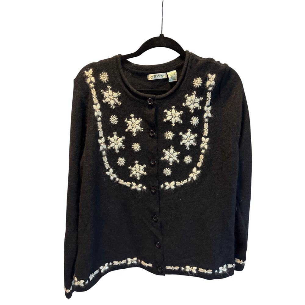 Orvis Vintage Womens Large Black Lambswool Angora Embroidered Snowflake Cardigan